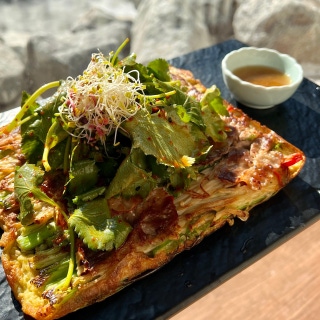 Beef pancakes with minari greens