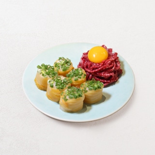 Grade 1++ beef tartare wrapped in aged kimchi