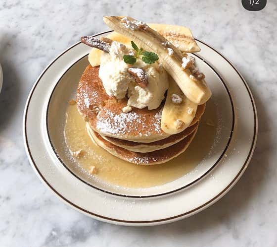 Pancakes with cream and toppings at Oasis Cheongdam