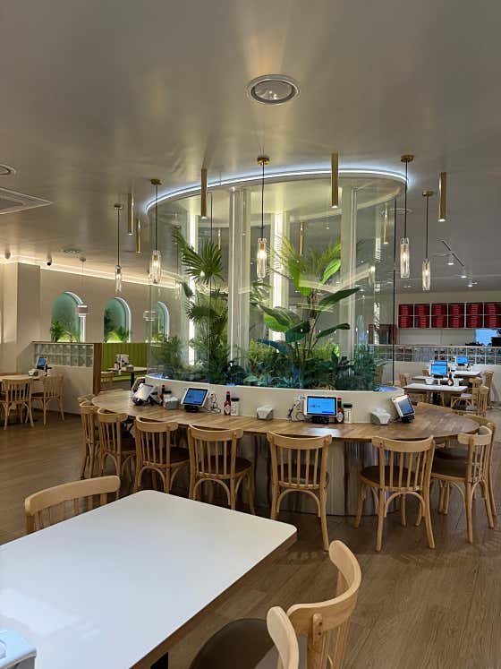 Tables and plants inside Ijaemo Pizza Jeju