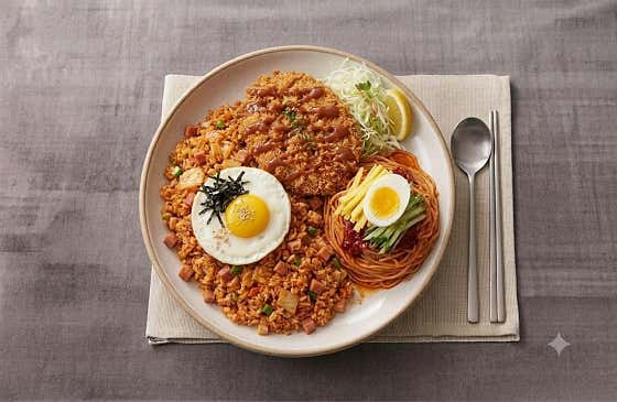 김치볶음밥+돈가스+쫄면 메뉴 사진(네이버)