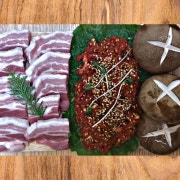 일등삼겹삼합(삼겹+육회+키조개,표고) 메뉴 사진(네이버)