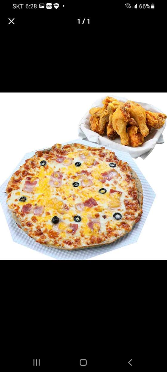 베이컨체다치즈피자+치킨+콜라M 메뉴 사진(네이버)