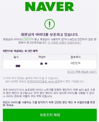 네이버아이디보호조치 보호해제 스미싱 주의하세요 ㅠ 네이버아이디도용 (주)코헬하우징