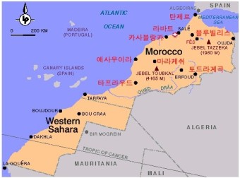 사하라사막 모로코 지도와 푸른마을 쉐프샤우엔