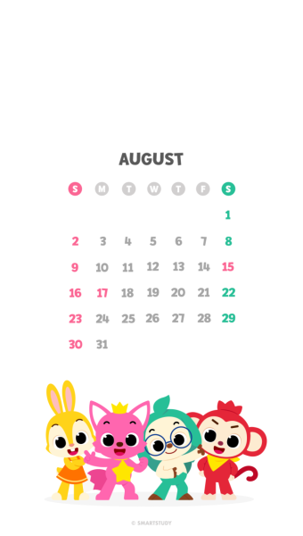 이번주 토요일부터 2020년 8월 시작! 캘린더 앱 켜지말고 핑크퐁 8월 달력을 배경화면으로 설정해보세요!