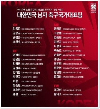 6월 A매치 '하나은행 초청 국가대표팀 친선경기' 남자 축구국가대표팀 명단 및 티켓 예매