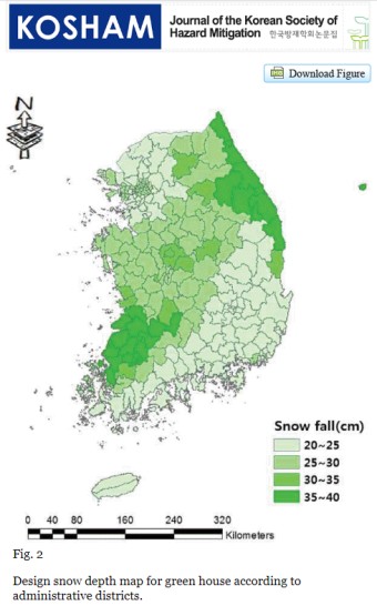 대한민국 연간 적설량 분포 지도