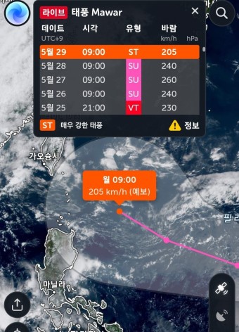 태풍 마와르 경로 24일 괌 지나 29일 대만으로 가는중