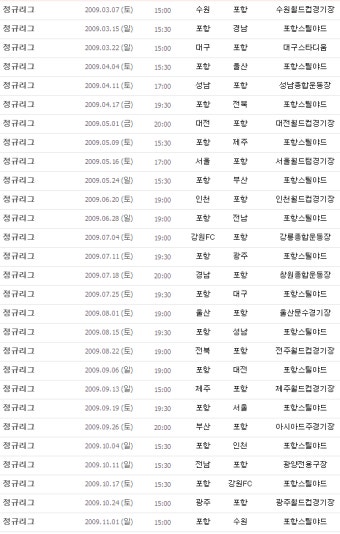 2009 K-리그 포항스틸러스 수도권 원정경기 일정