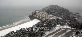 눈 덮인 부산 해운대 동백섬