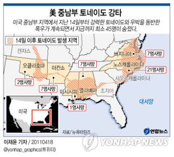 美 중남부 토네이도 강타, 최소 45명 사망(종합)