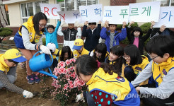 나무 심는 청소년적십자 단원들