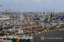 태풍 피해 항구에 정박한 어선들