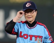 아들 투구 준비 동작 따라 하는 어머니