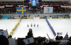 경기장에 올라온 한반도기