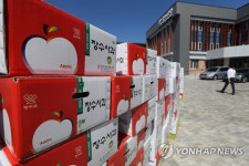 장수군청 앞에 쌓인 사과