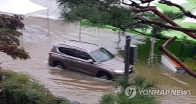 물에 잠긴 강변 둔치에서 차량 탈출