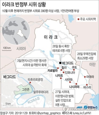 이라크 시위대 이란영사관 또 방화…