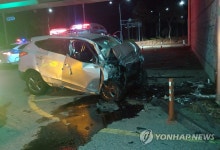 교차로 지나던 차량이 고가교 벽면 충돌