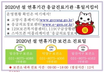 고양시, 설 연휴 병·의원 48곳·약국 131곳 운영