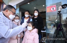 체온 확인받는 교회 예배 참석 가족