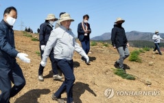 산불 재조림지 식목장소로 이동하는 문 대통령 내외