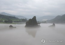 안개 속에 갇힌 단양 도담삼봉