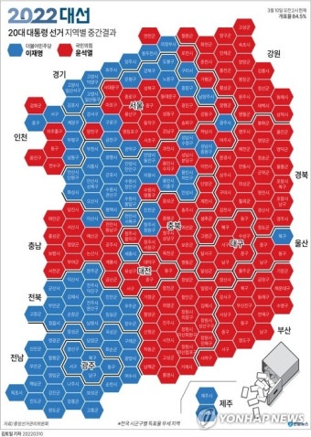[그래픽] 20대 대선 지역별 중간결과(개표 84.5% 현재)