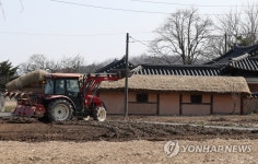 조선시대 전통가옥 앞 트랙터 밭갈이