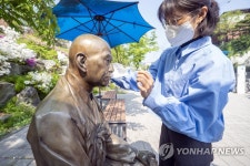 마스크 벗는 만해동상