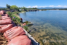 강릉 경포호에 대량 증식한 파래 제거 작업