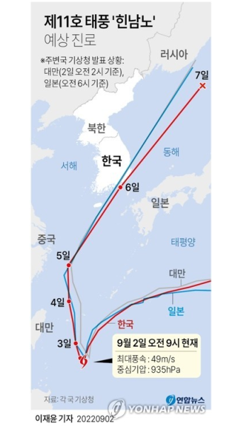 [그래픽] 제11호 태풍 '힌남노' 예상 진로