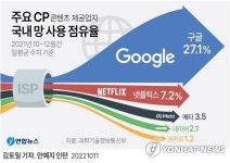 [그래픽] 주요 CP 국내 망 사용 점유율