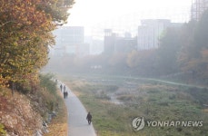 뿌연 대전 유성천 걷는 시민들