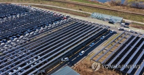 쌓여가는 신차들, 태양광 발전소에서 대기