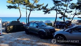 해맞이 차량으로 가득 찬 바닷가 주차장