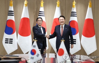확대 회담에서 악수하는 한일 정상