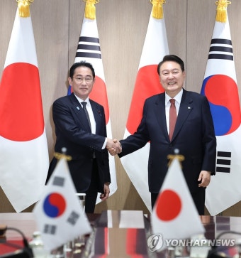 확대 회담에서 악수하는 한일 정상