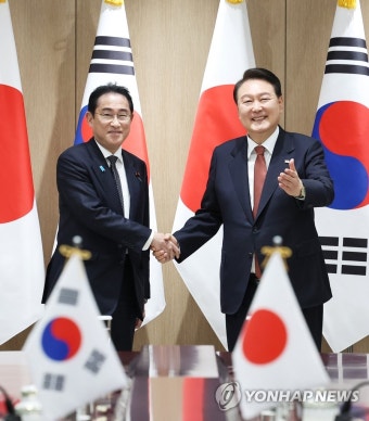 확대 회담에서 악수하는 한일 정상