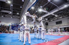 발차기 격파 시범 보이는 장병들