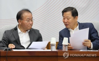 이철규 사무총장과 대화하는 윤재옥 원내대표