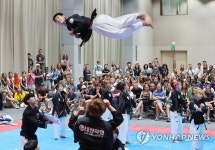 태권도 시범 보는 스카우트 대원들