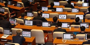대통령 탄핵 촉구 문구 띄운 민주당 의원들