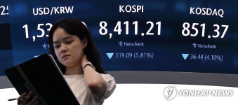 코스피, 5.8% 급락하며 8,411 마감