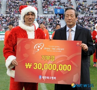 홍명보 이사장에게 기부금 전달하는 정몽준 대한축구협회회장