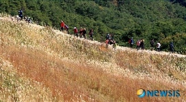 화왕산 돌단길 걷는 등산객