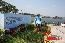 호수공원 배경으로 한 꽃 조형물