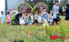 꽃길 둘러보는 어린이들