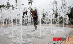 치솟아 오르는 바닥분수 즐기는 어린이와 가족들
